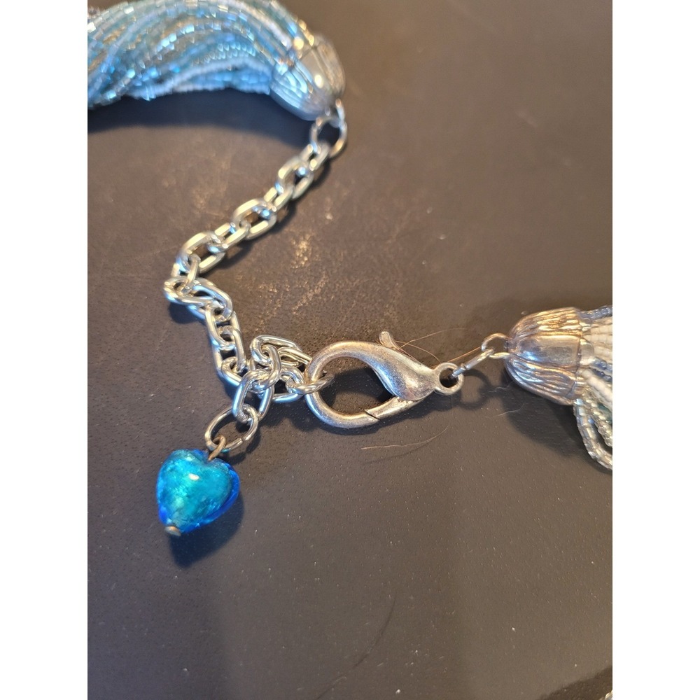 Blue White Silver Multi Strand Seed Bead Necklace with Heart Charm Extender 23" - Picture 6 of 8